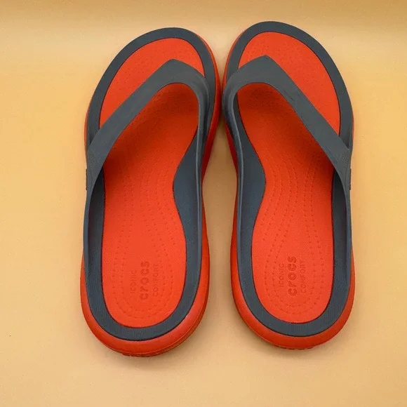 Crocs Mens Size‎ 12 Flip Flops Thong Sandals Orange Gray Comfort - Picture 6 of 10
